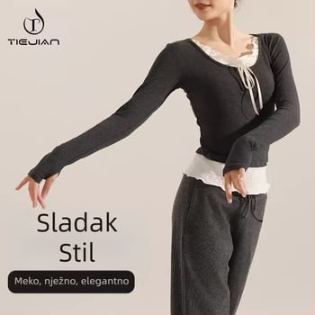 Ženska moderna plesna odjeća — dugi rukavi top od pamuka i spandexa, pogodan za zimu, jesen i proljeće; prikladan za pozornicu, balet i etničke plesove.