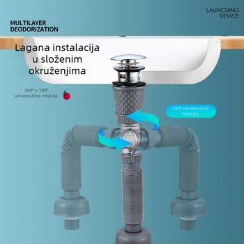 ABS set odvoda za umivaonik, S-oblik, preklopni poklopac, moderan minimalistički stil, mogućnost prilagodbe