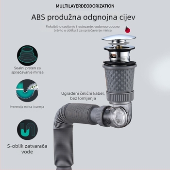 ABS set odvoda za umivaonik, S-oblik, preklopni poklopac, moderan minimalistički stil, mogućnost prilagodbe