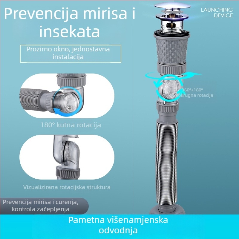 ABS set odvoda za umivaonik, S-oblik, preklopni poklopac, moderan minimalistički stil, mogućnost prilagodbe
