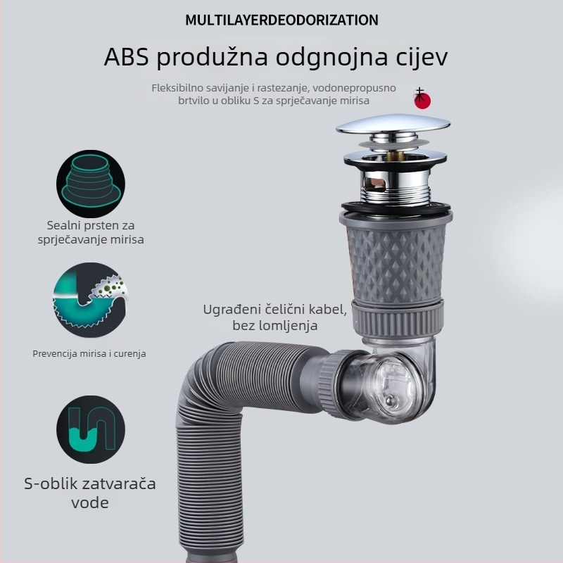 ABS set odvoda za umivaonik, S-oblik, preklopni poklopac, moderan minimalistički stil, mogućnost prilagodbe