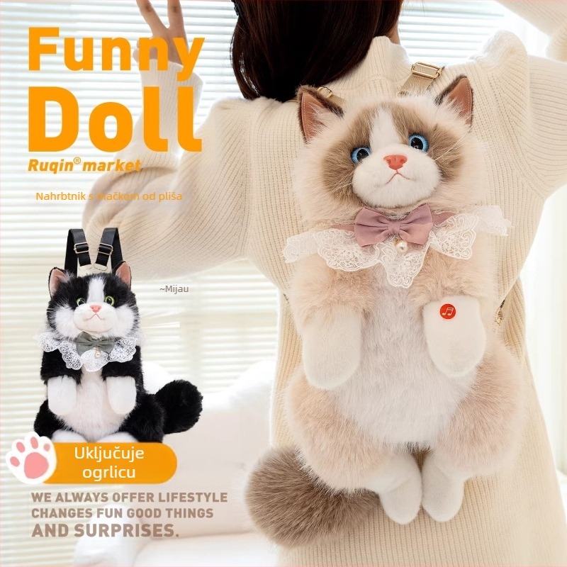 Plišana lutka - Mink Plush Cloth Cat Backpack, Qiman Toys, PP Cotton nadjev, 14+ godina