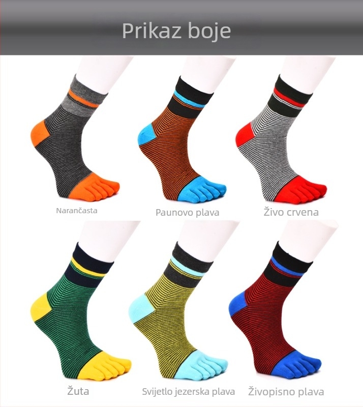 Čarape s pet prstiju od combed pamuka, prozračne i upijaju znoj, prugasti uzorak, srednja visina, šivanje jedne igle