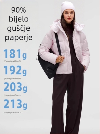 Puffer jakna s guščjim perjem, sadržaj perja 86-90%, uski kroj, odvojiva kapuljača