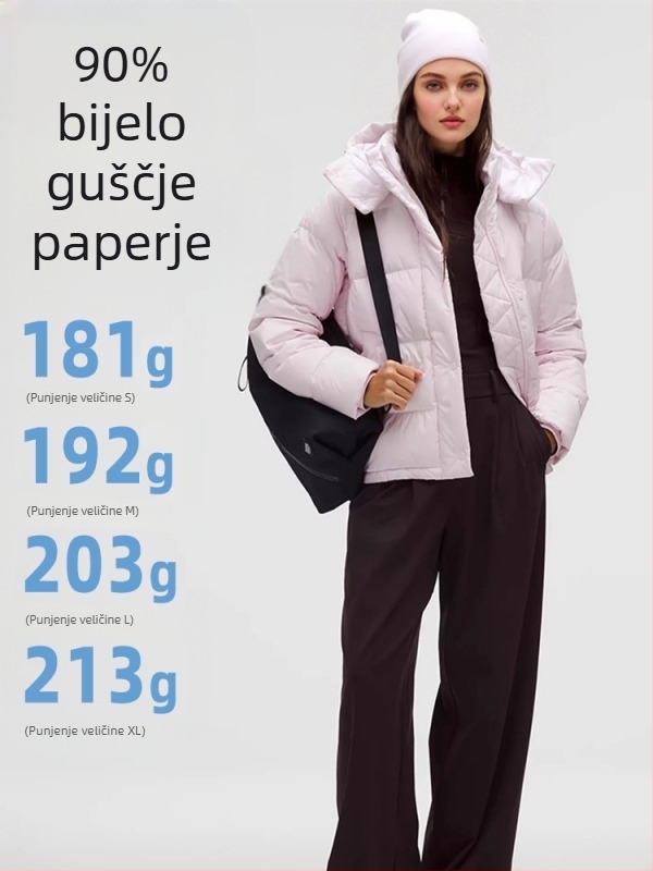 Puffer jakna s guščjim perjem, sadržaj perja 86-90%, uski kroj, odvojiva kapuljača