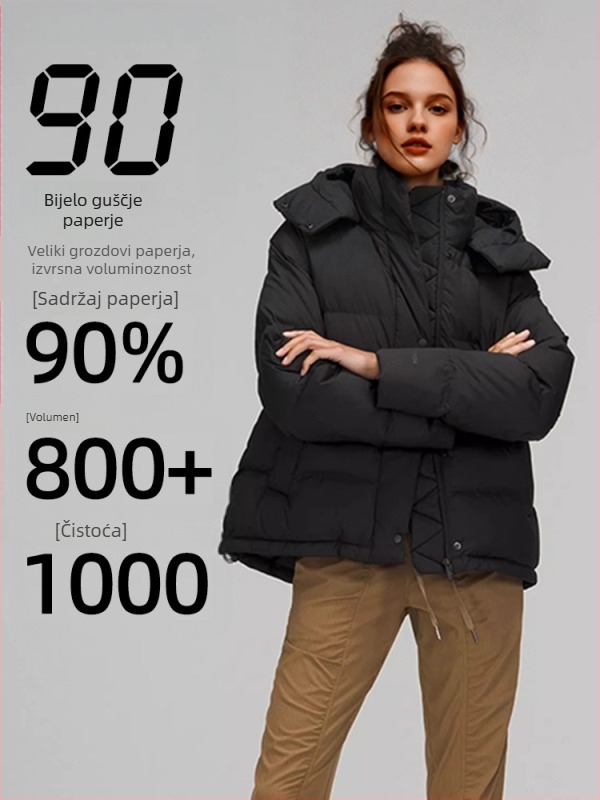 Puffer jakna s guščjim perjem, sadržaj perja 86-90%, uski kroj, odvojiva kapuljača