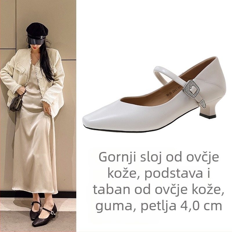 Ženske cipele od ovčje kože s kvadratnim vrhom, debelim petom 3–5 cm i gumom na đonu