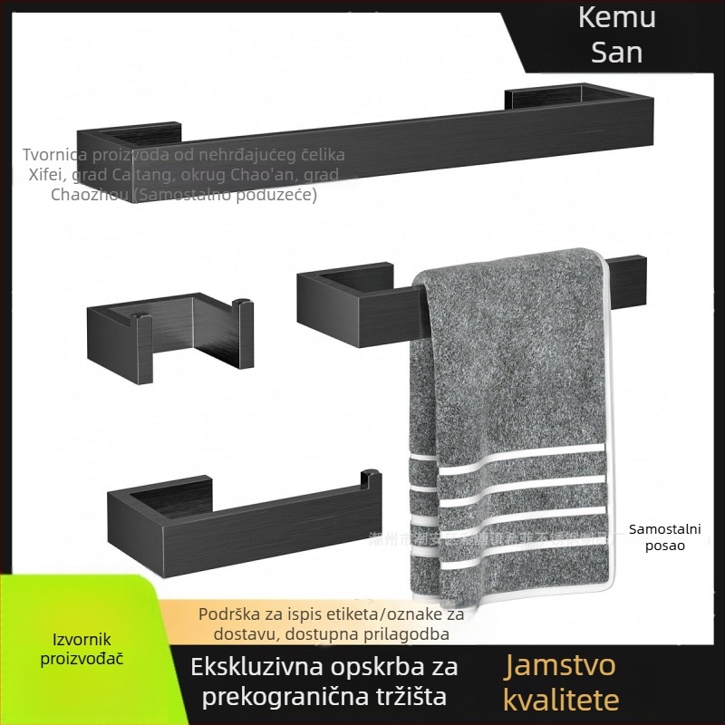 Set držača za ručnike od nehrđajućeg čelika za kupaonu, četverodijelni set, uključuje držač za ručnike, držač za papir i kukice; završna obrada: brušena, obojena ili pozlaćena; marka Kemu san