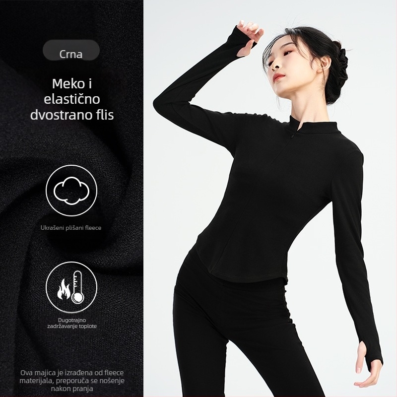 Ženski moderno plesno odijelo za balet – dugi rukavi, uski kroj, set gore-donji s visokim ovratnikom, tkanina Spandex/acetat