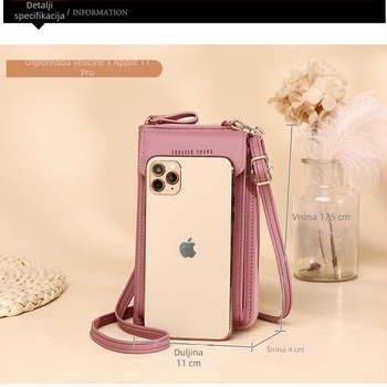 Ženska crossbody torbica za mobitel, vertikalni kvadratni oblik, PU koža, zatvarač, velika kapacitet, unutarnji pretinci za kartice, ID, novčić i novčanice; model SJB-001, ulični stil.