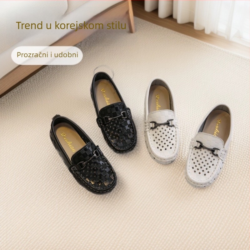 Dječji kožni slip-on mokasini s metalnom kopčom, karirani uzorak, gumeni potplat, ručno izrađene, korejski stil
