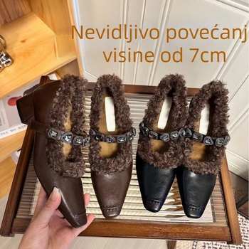Mary Jane cipele s kristalima, četvrtasti vrh, gornji dio od krzna, skriveni 6–8 cm petu, zimska podstava