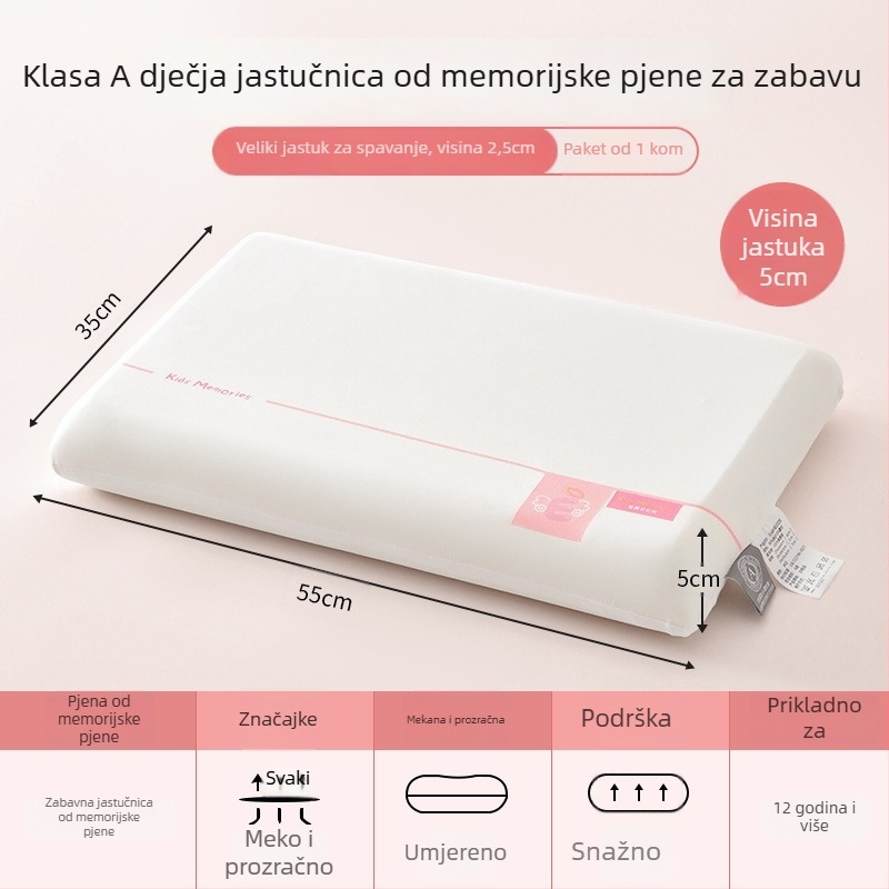 Jastuk od memorijske pamučne za djecu 3–6 godina, sve sezone, podrška vrata, pravokutni oblik, visina jezgre 5–10 cm, poliester navlaka