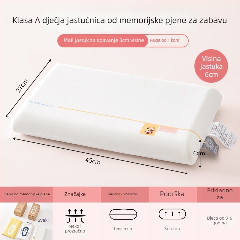 Jastuk od memorijske pamučne za djecu 3–6 godina, sve sezone, podrška vrata, pravokutni oblik, visina jezgre 5–10 cm, poliester navlaka