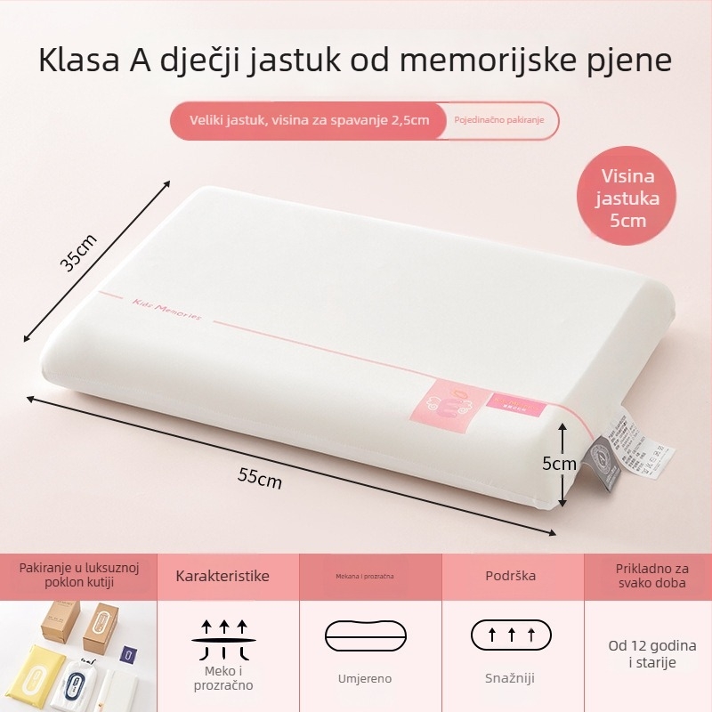 Jastuk od memorijske pamučne za djecu 3–6 godina, sve sezone, podrška vrata, pravokutni oblik, visina jezgre 5–10 cm, poliester navlaka
