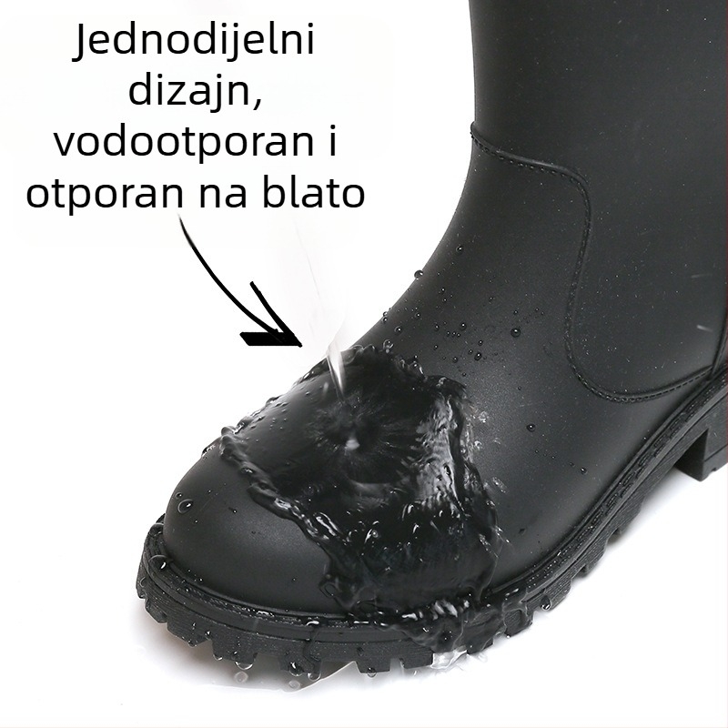 Ženske kišne čizme, PVC gornji dio, srednja visina cijevi, debeli đon, vodootporne, visina pete 3-5 cm