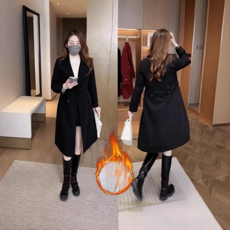 Ženski kaput s fleec podstavom, srednja duljina, slobodan kroj, poliester, srednja debljina, dvostruko kopčanje