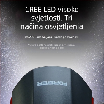 Forever prednje svjetlo za MTB, USB-C punjenje, noćna vožnja, montaža kopčom, model 2255