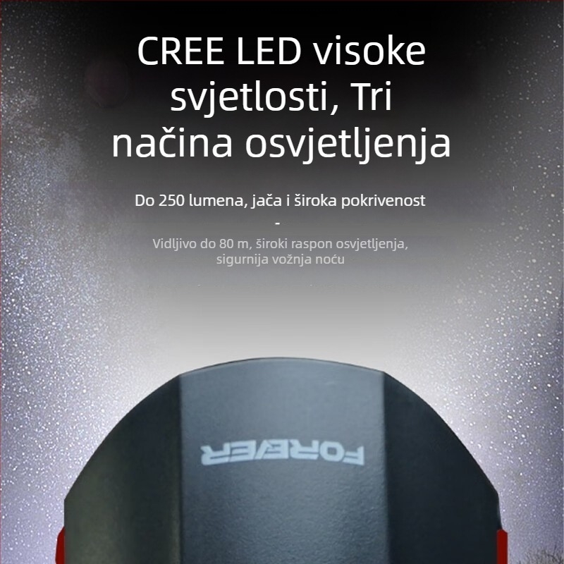 Forever prednje svjetlo za MTB, USB-C punjenje, noćna vožnja, montaža kopčom, model 2255
