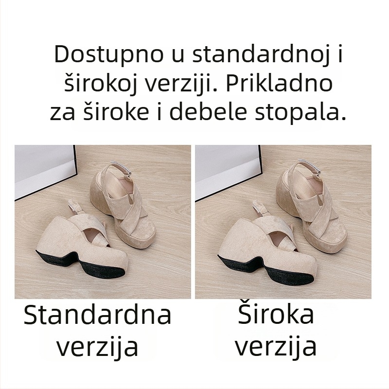 TZH ženske visoke sandale s debelim potplatom, velur gornji dio, gumena potplata, kopča remena, okrugli vrh