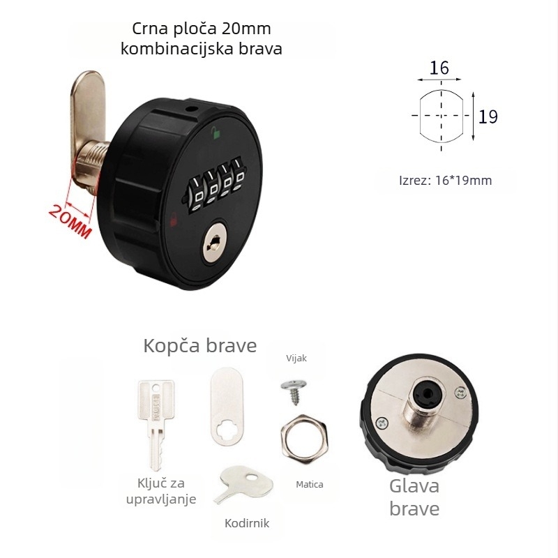 DB 6032 4‑znamenkasta mehanička brava za ormariće, poštanski sandučić, garderobu, ormarić za cipele, ladicu i arhivski ormar; tijelo od plastičnog legure; debljina zaključne šipke 19 mm; razmak šipki 20 mm