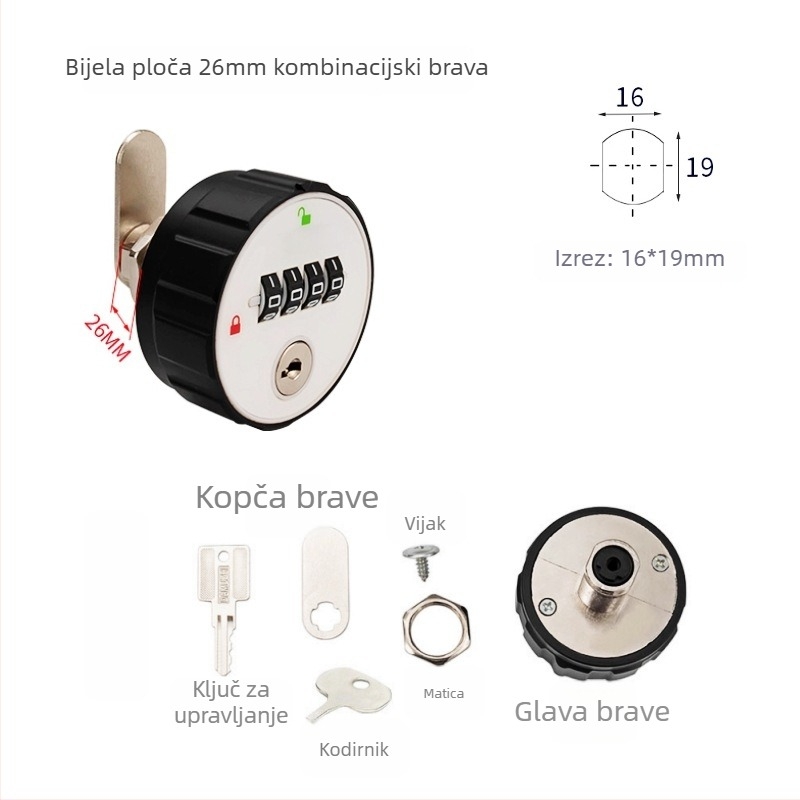 DB 6032 4‑znamenkasta mehanička brava za ormariće, poštanski sandučić, garderobu, ormarić za cipele, ladicu i arhivski ormar; tijelo od plastičnog legure; debljina zaključne šipke 19 mm; razmak šipki 20 mm