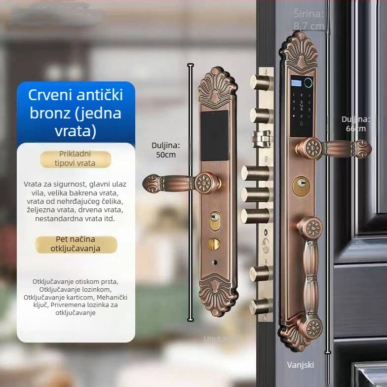 Pametna brava za vilu s otiskom prsta, lozinkom i prepoznavanjem lica — 50 pohranjenih otisaka, više od 2000 otključavanja, skeniranje <1 s, FAR 0.001%, FRR 0.1%
