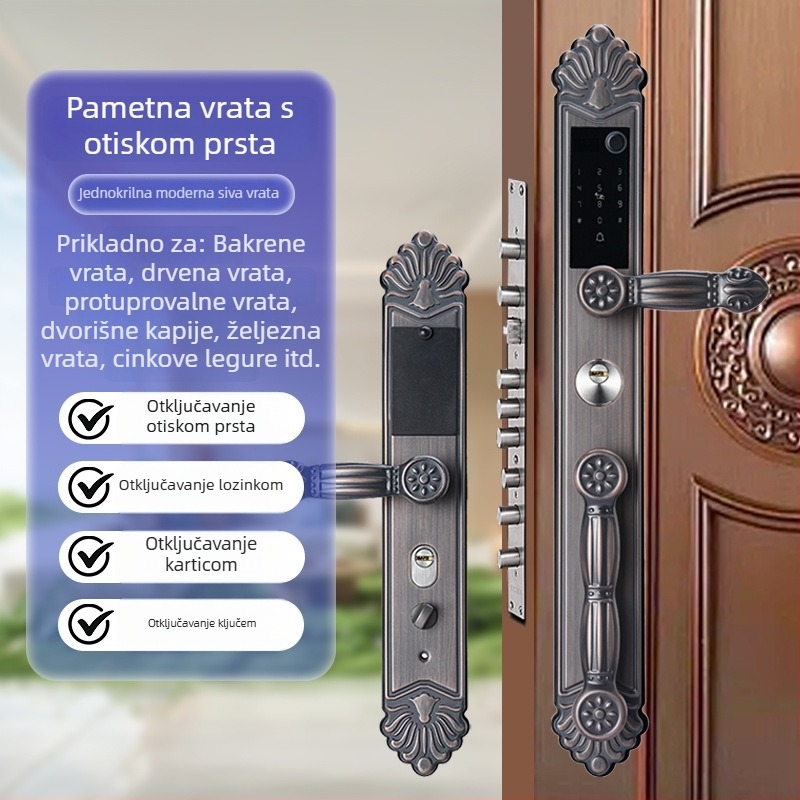 Pametna brava za vilu s otiskom prsta, lozinkom i prepoznavanjem lica — 50 pohranjenih otisaka, više od 2000 otključavanja, skeniranje <1 s, FAR 0.001%, FRR 0.1%