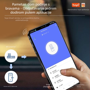 Pametna brava za vrata s otiskom prsta i lozinkom, otvaranje jednim dodirom, daljinsko otključavanje unutarnjih vrata. Model: P12; Kapacitet otisaka: 100; Vrijeme skeniranja: <0,25 s; Postotak lažnog prihvaćanja: 0,01%; Raspon debljine vrata: 30–50 mm