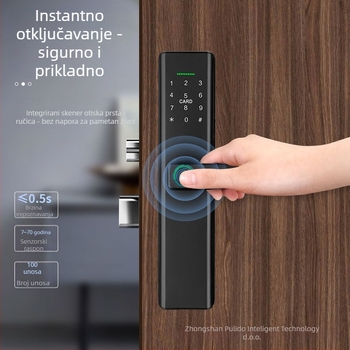 Pametna brava za vrata s otiskom prsta i lozinkom, otvaranje jednim dodirom, daljinsko otključavanje unutarnjih vrata. Model: P12; Kapacitet otisaka: 100; Vrijeme skeniranja: <0,25 s; Postotak lažnog prihvaćanja: 0,01%; Raspon debljine vrata: 30–50 mm