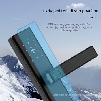 Pametna brava za vrata s otiskom prsta i lozinkom, otvaranje jednim dodirom, daljinsko otključavanje unutarnjih vrata. Model: P12; Kapacitet otisaka: 100; Vrijeme skeniranja: <0,25 s; Postotak lažnog prihvaćanja: 0,01%; Raspon debljine vrata: 30–50 mm