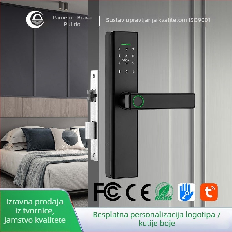 Pametna brava za vrata s otiskom prsta i lozinkom, otvaranje jednim dodirom, daljinsko otključavanje unutarnjih vrata. Model: P12; Kapacitet otisaka: 100; Vrijeme skeniranja: <0,25 s; Postotak lažnog prihvaćanja: 0,01%; Raspon debljine vrata: 30–50 mm