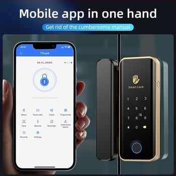 Shengda S1TT Zatvaranje s otiskom prsta za staklena vrata – bez bušenja, za jednokrila ili dvostruka vrata, Bluetooth daljinsko zaključavanje u uredu, kapacitet 100 otiska, skeniranje <0,08 s, lažno prepoznavanje <0,01, >500000 ciklusa, napajanje AC