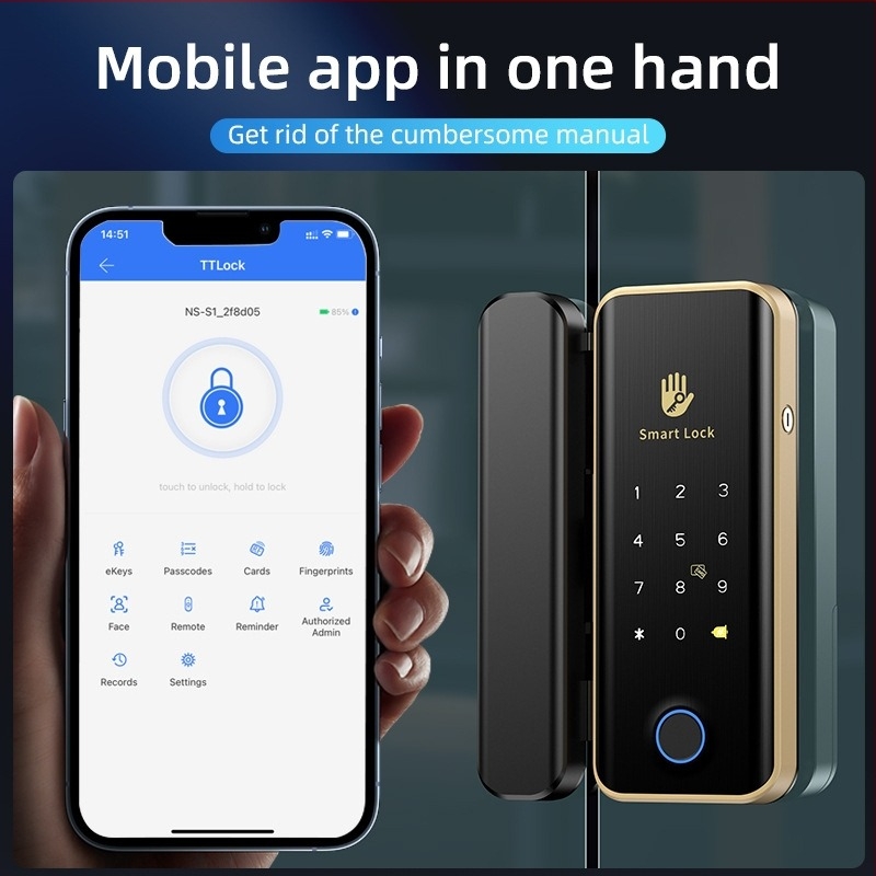 Shengda S1TT Zatvaranje s otiskom prsta za staklena vrata – bez bušenja, za jednokrila ili dvostruka vrata, Bluetooth daljinsko zaključavanje u uredu, kapacitet 100 otiska, skeniranje <0,08 s, lažno prepoznavanje <0,01, >500000 ciklusa, napajanje AC