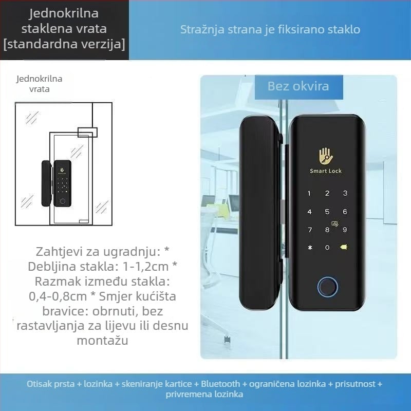 Shengda S1TT Zatvaranje s otiskom prsta za staklena vrata – bez bušenja, za jednokrila ili dvostruka vrata, Bluetooth daljinsko zaključavanje u uredu, kapacitet 100 otiska, skeniranje <0,08 s, lažno prepoznavanje <0,01, >500000 ciklusa, napajanje AC