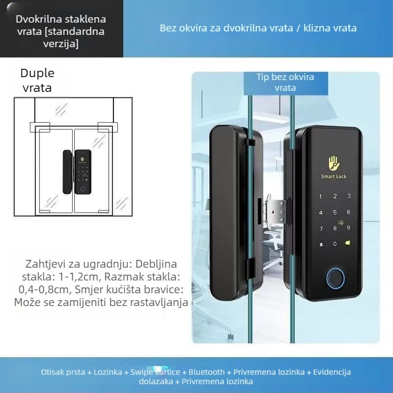Shengda S1TT Zatvaranje s otiskom prsta za staklena vrata – bez bušenja, za jednokrila ili dvostruka vrata, Bluetooth daljinsko zaključavanje u uredu, kapacitet 100 otiska, skeniranje <0,08 s, lažno prepoznavanje <0,01, >500000 ciklusa, napajanje AC