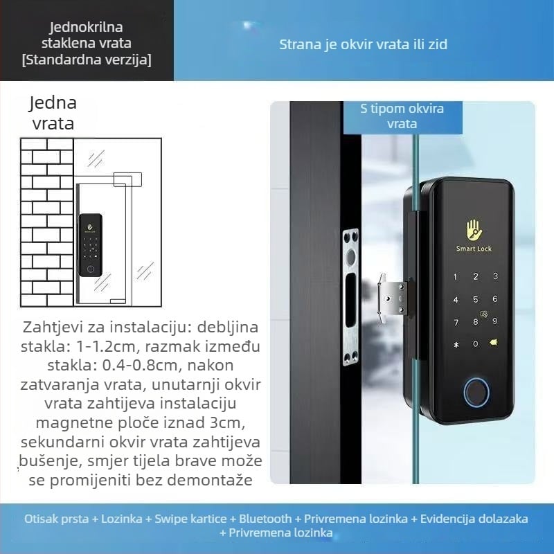 Shengda S1TT Zatvaranje s otiskom prsta za staklena vrata – bez bušenja, za jednokrila ili dvostruka vrata, Bluetooth daljinsko zaključavanje u uredu, kapacitet 100 otiska, skeniranje <0,08 s, lažno prepoznavanje <0,01, >500000 ciklusa, napajanje AC