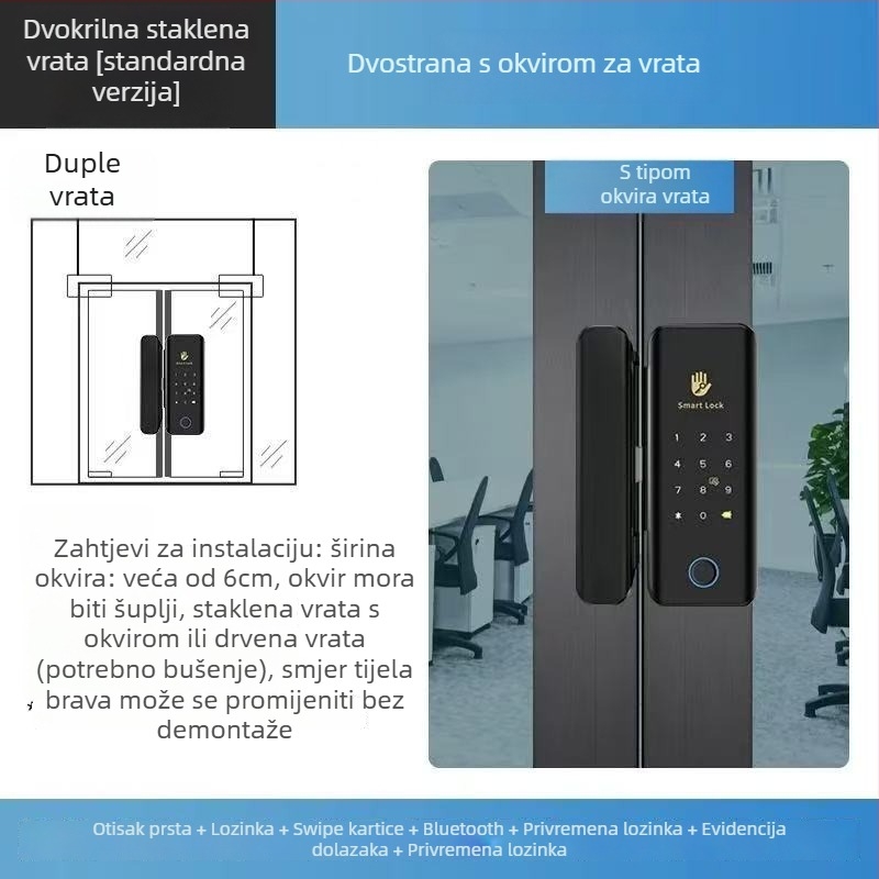 Shengda S1TT Zatvaranje s otiskom prsta za staklena vrata – bez bušenja, za jednokrila ili dvostruka vrata, Bluetooth daljinsko zaključavanje u uredu, kapacitet 100 otiska, skeniranje <0,08 s, lažno prepoznavanje <0,01, >500000 ciklusa, napajanje AC