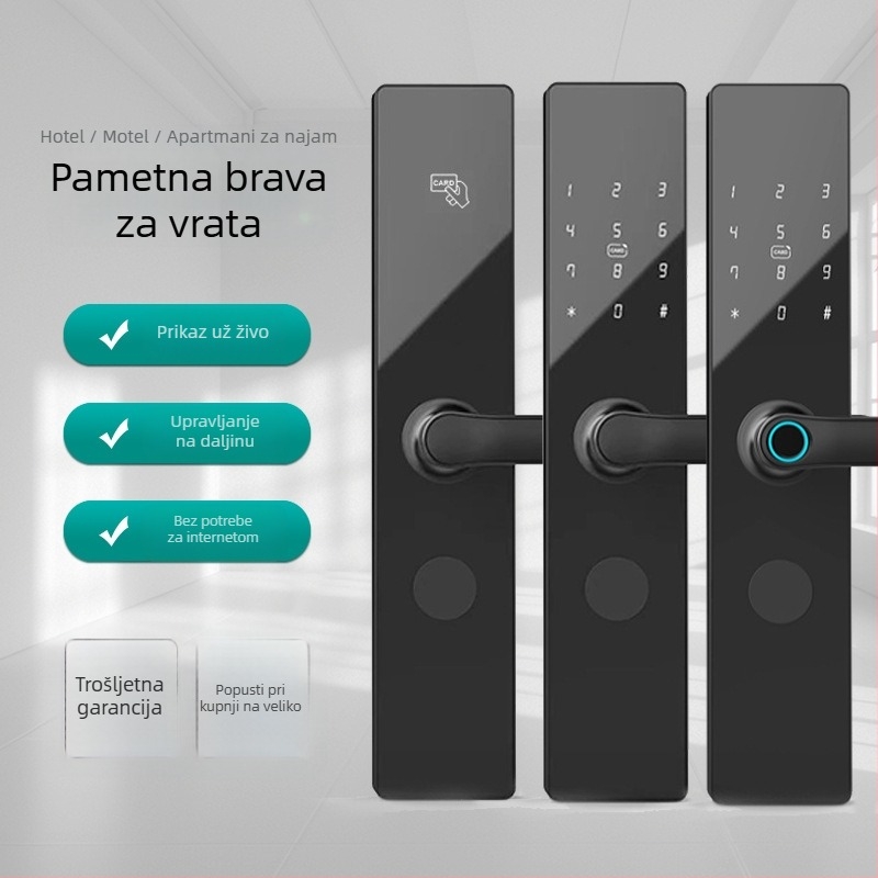 Pametna brava za vrata s otiskom prsta, lozinkom, karticom i daljinskim otključavanjem, Bluetooth aplikacijom (fingerprint: 100; unlocks: >1000; scan: <0.5s; FA: <0.1%; FR: <0.1%)