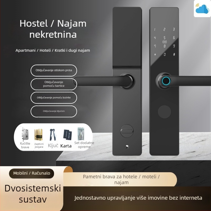Pametna brava za vrata s otiskom prsta, lozinkom, karticom i daljinskim otključavanjem, Bluetooth aplikacijom (fingerprint: 100; unlocks: >1000; scan: <0.5s; FA: <0.1%; FR: <0.1%)