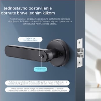 Pametna brava za otiske prstiju na drvena vrata, elektronicki kod i Bluetooth daljinsko upravljanje; pohrana otisaka prstiju: 200; napajanje DC; 1:1 provjera; ugradnja bez bušenja; pogodna za spavaću sobu, drvena i aluminijska vrata