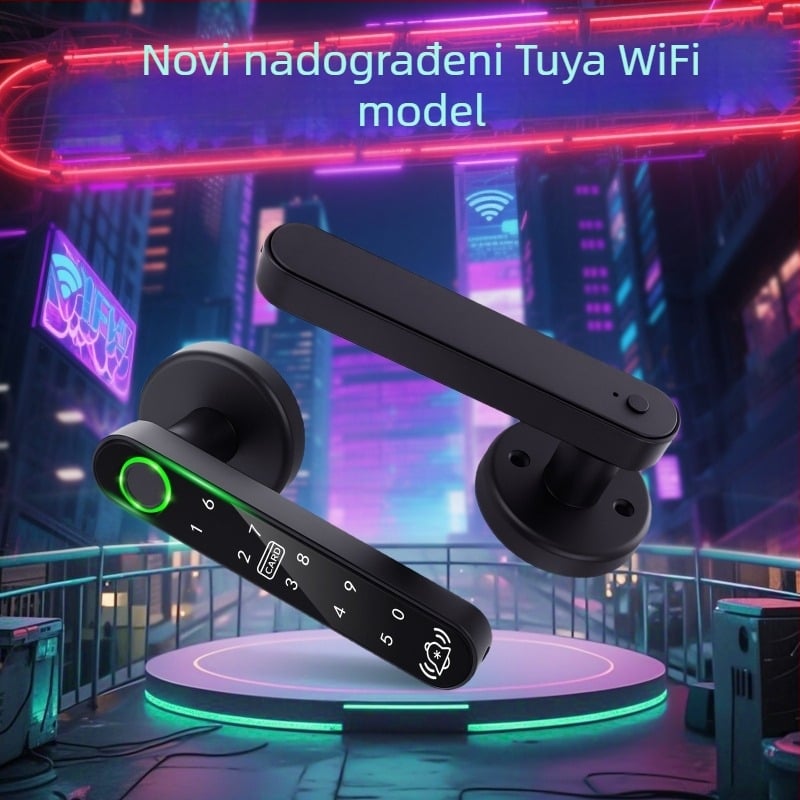 Pametna brava za otiske prstiju na drvena vrata, elektronicki kod i Bluetooth daljinsko upravljanje; pohrana otisaka prstiju: 200; napajanje DC; 1:1 provjera; ugradnja bez bušenja; pogodna za spavaću sobu, drvena i aluminijska vrata