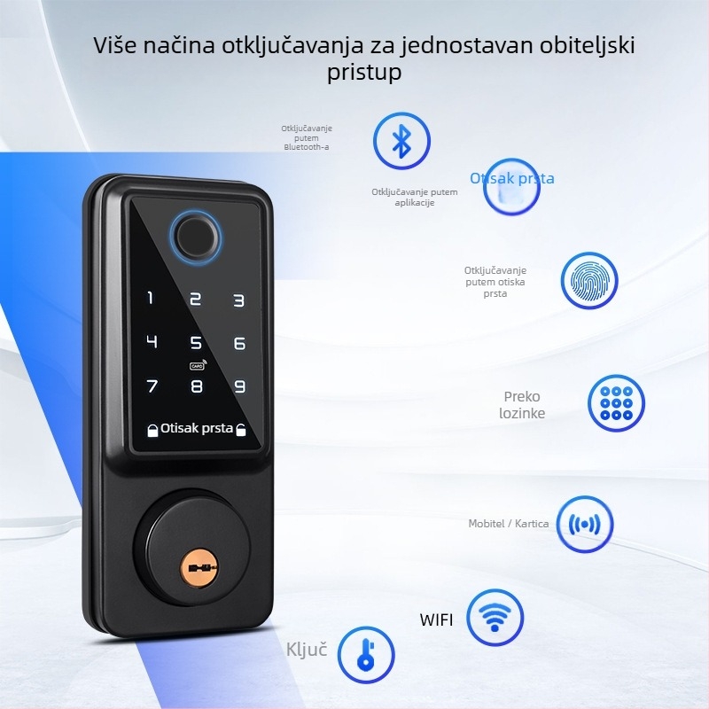 Pametne brava s otiskom prsta, karticom i lozinkom za drvena vrata, model A1 Locking, preko 100000 otključavanja, skeniranje 0,1 s, lažno prepoznavanje <0,001%