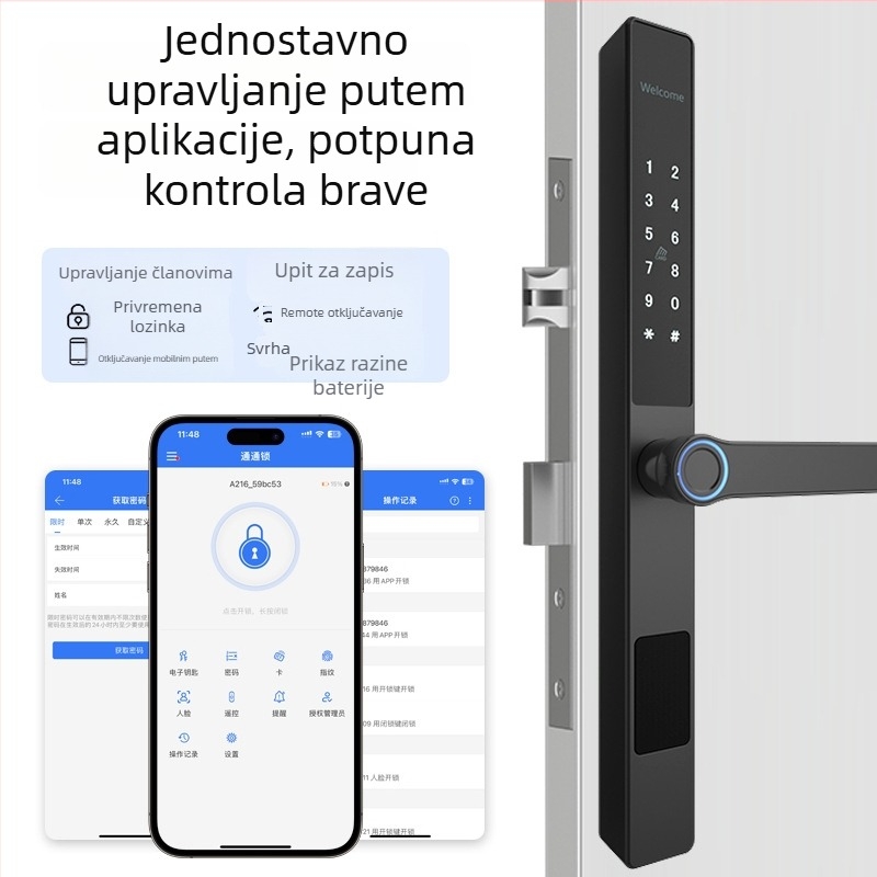 Vanjski vodootporni pametni zaključavak s otiskom prsta i lozinkom – model A2, 100 pohranjenih otisaka, >2000 otključavanja, skeniranje <0,5 s, -25 do 70°C, vlaga 93%