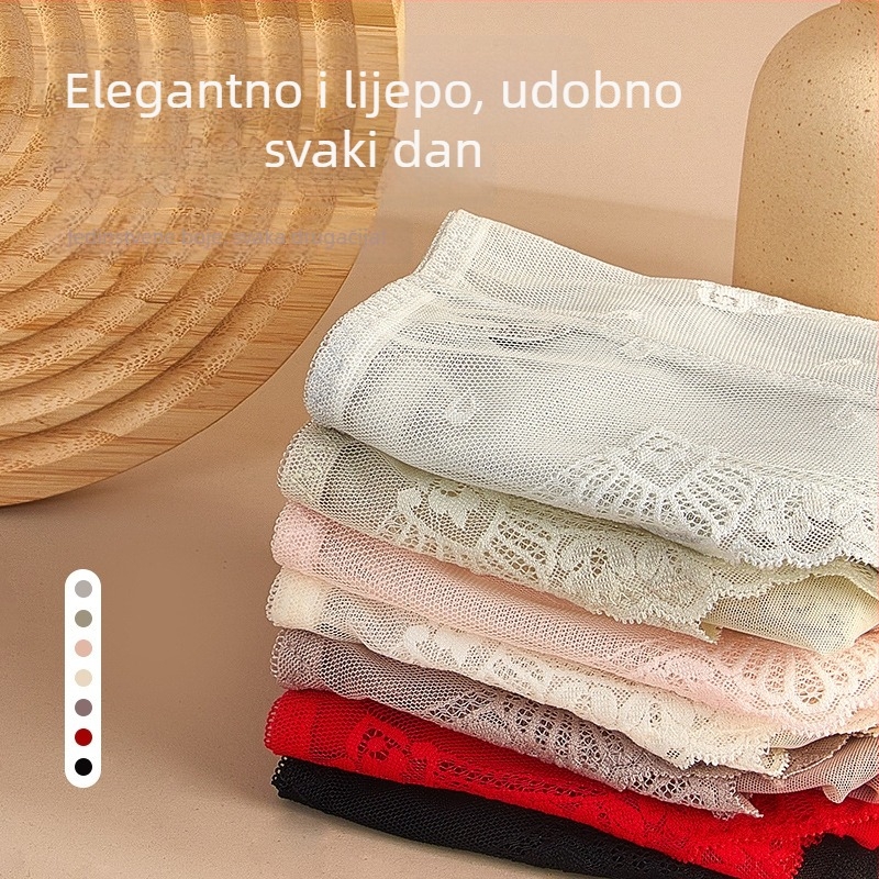 Čipkaste mrežaste gaćice srednje visoke linije, prozračne, antibakterijske, pamuk podstava, glavni materijal: najlon 70–80%