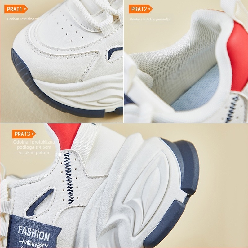 Ženske tenisice u stilu dad shoes – gornji dio PU, gumeni potplat, 3–5 cm peta, okrugli zaobljen vrh, vezanje sprijeda