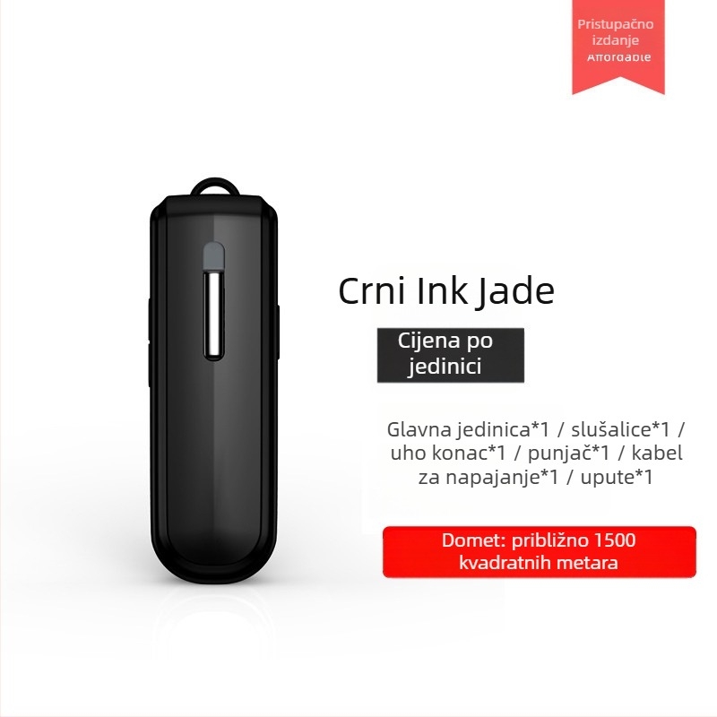 Bežični interkom s ušnim kopčom, model V168, raspon frekvencija 400–470 MHz, 16 kanala, doseg do 1,5 km, litijeva baterija 350 mAh