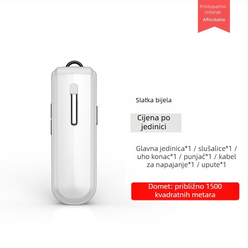 Bežični interkom s ušnim kopčom, model V168, raspon frekvencija 400–470 MHz, 16 kanala, doseg do 1,5 km, litijeva baterija 350 mAh