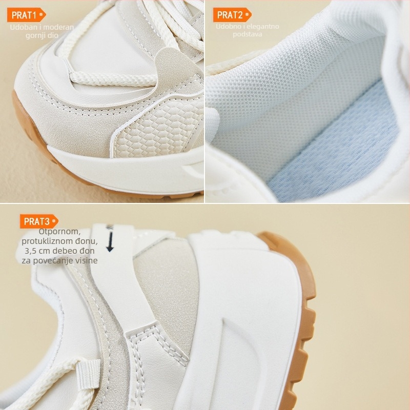 Ženske tenisice dad shoes, casual, s debelom potplatom za povećanje visine; PU gornji dio, okrugli prst, niski gležanj, gumeni potplat injekcijski oblikovan.