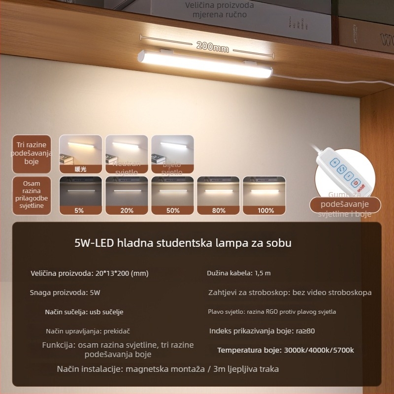 Studentska stolna lampa s USB napajanjem i glasovnim upravljanjem, LED za zaštitu očiju (CRI ≥95; Jedinstvena ravnomjernost ≤2; USB napajanje; Napon 110–220V; Materijal abažura PC+ABS)